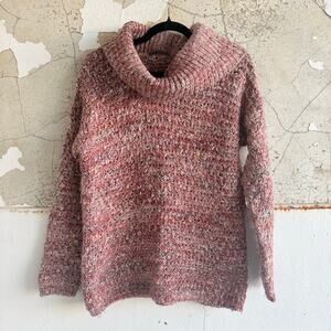 Chunky Turtleneck Sweater Marled Wool Knit Cowl Neck Pink Womens L Made in ITaly